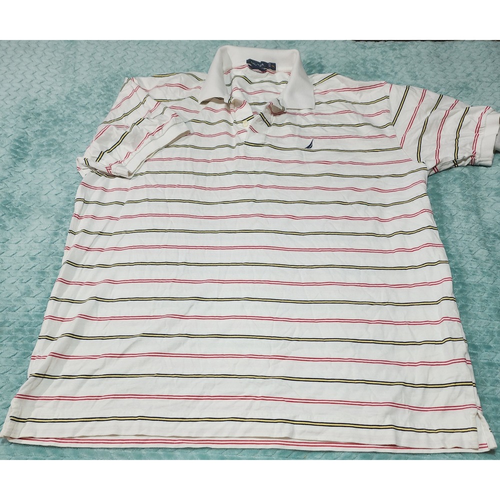 Nautica Mens XXL Polo Shirt White Red Yellow Striped Short Sleeve Cotton Pique